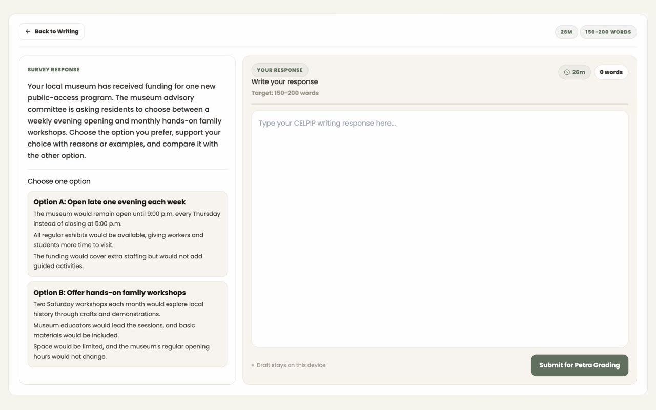 CELPIP Writing survey prompt and response editor in the PrepEx Practice Hub