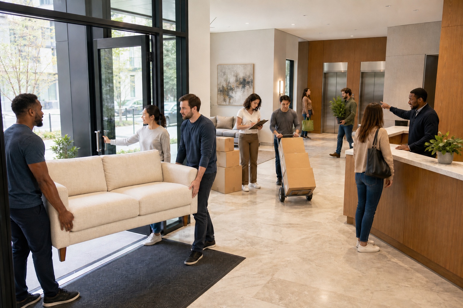 Movers carry a sofa through a condominium lobby while residents organize boxes, a concierge gives directions, and other people wait near the elevators.