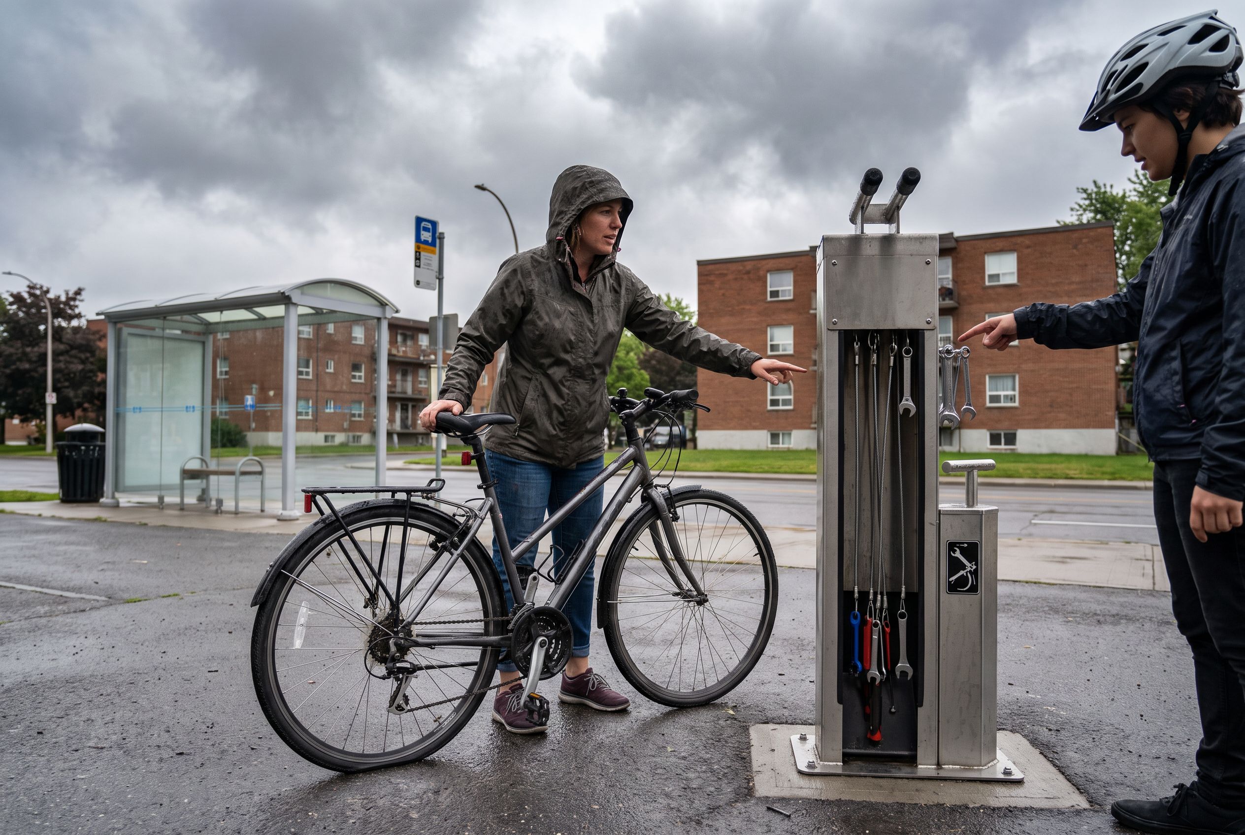 Two cyclists stand beside a bicycle at a public repair station while one points to the tools under dark rain clouds.