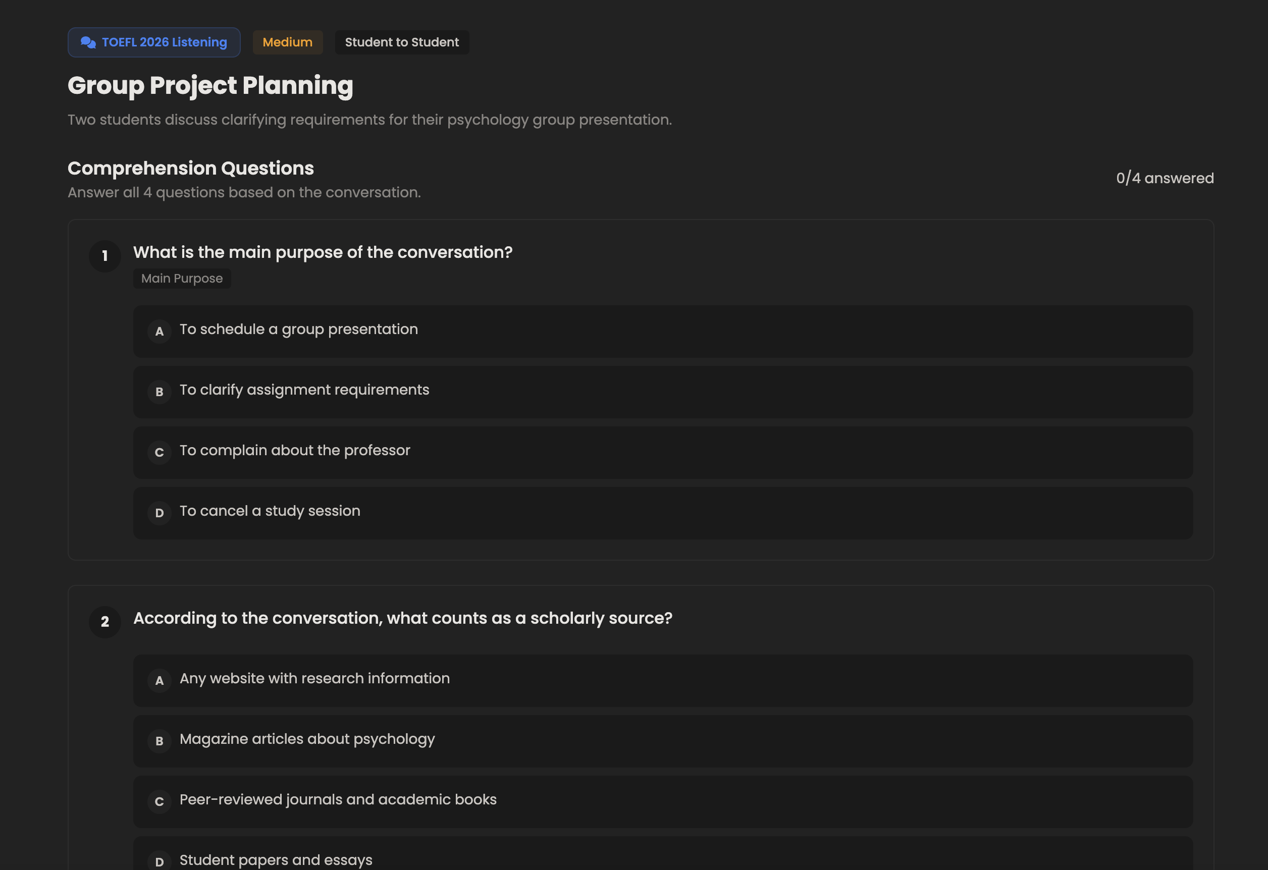PrepEx TOEFL Listening Practice Interface with conversation audio and comprehension questions