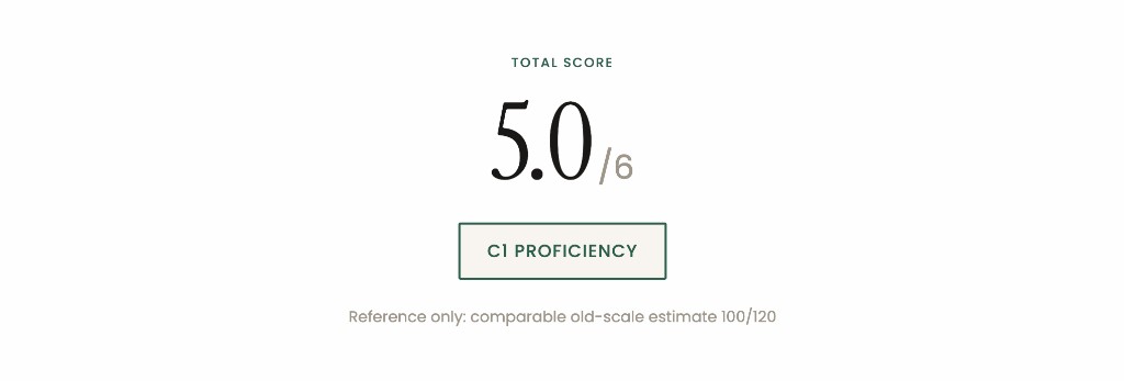 PrepEx TOEFL 2026 total score result shown on the 1 to 6 scale