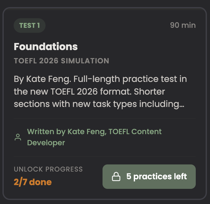 PrepEx TOEFL 2026 practice test card showing unlock progress after 2 of 7 practices