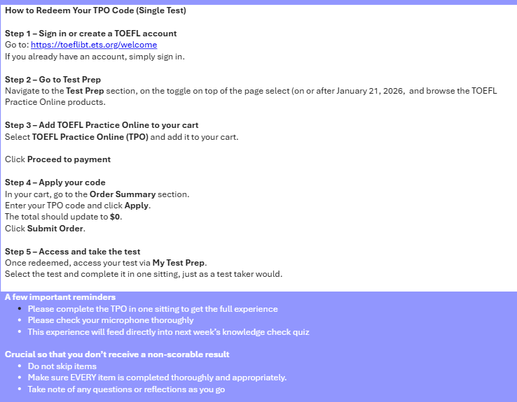 ETS TOEFL Practice Online official redemption instructions